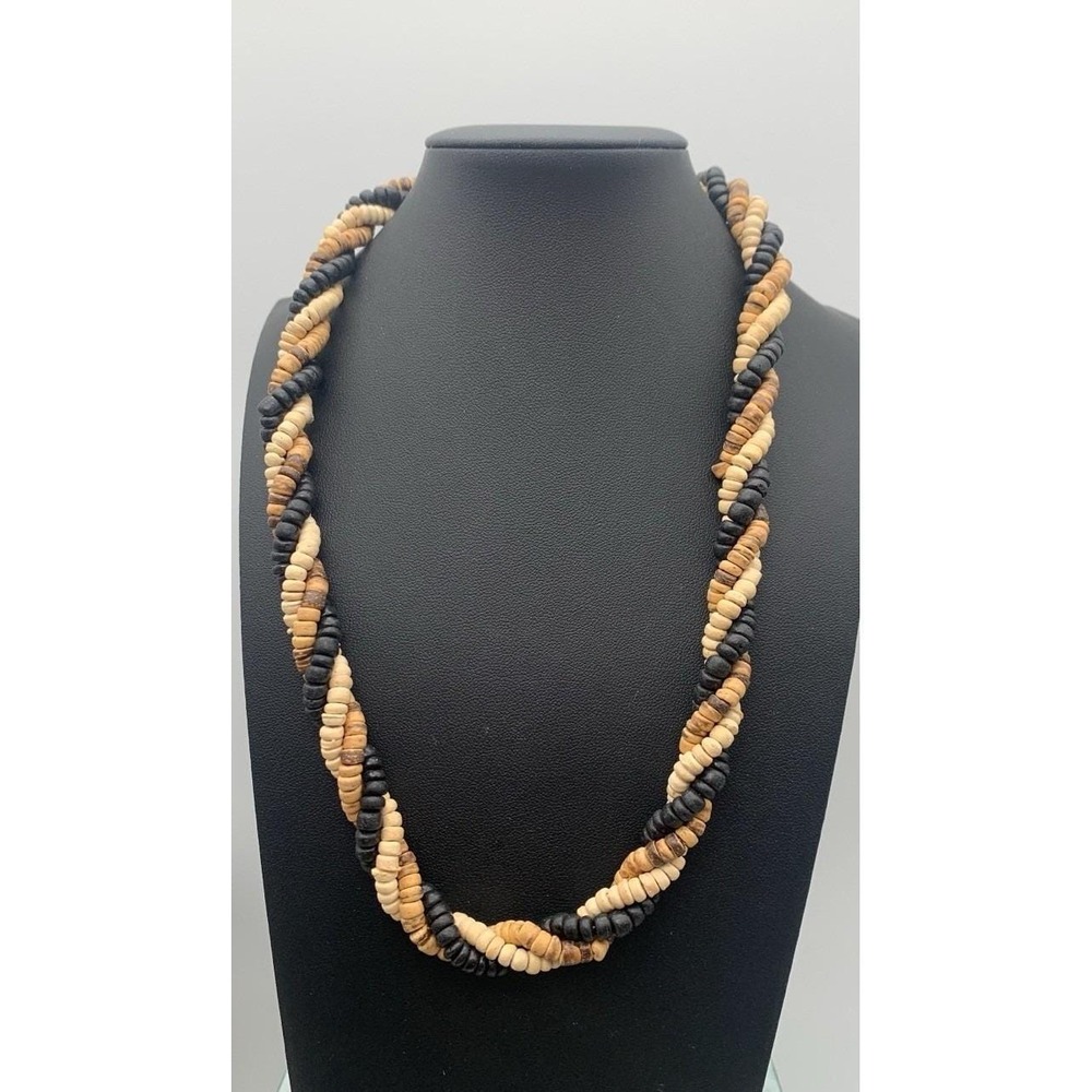 Vintage Tri-color Twisted Wood / Wooden Beaded Necklace Boho Nature 20 Inches